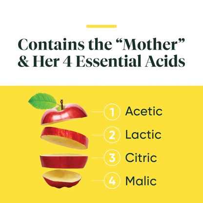 advertisement for apple cider vinegar, contains the 'mother' and her 4 essential acids
