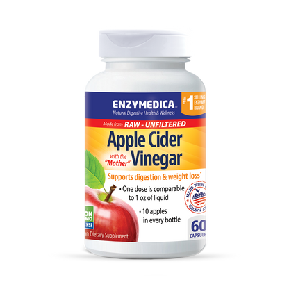 A bottle of Enzymedica Apple Cider Vinegar dietary supplement with red apples depicted on the label.