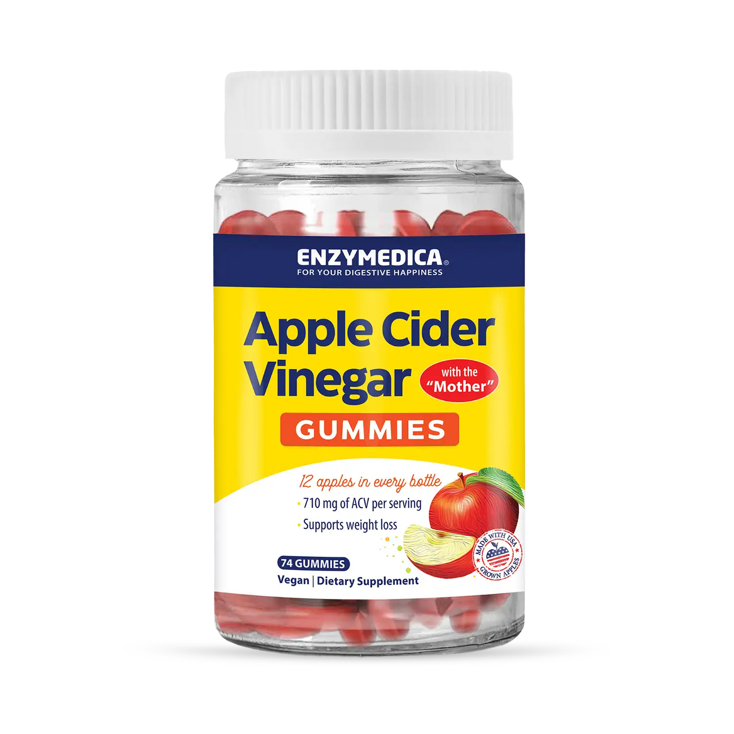A bottle of Apple Cider Vinegar Gummies that holds 74 gummies