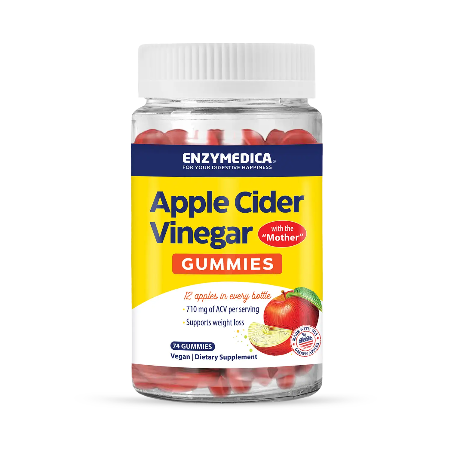 A bottle of Apple Cider Vinegar Gummies that holds 74 gummies