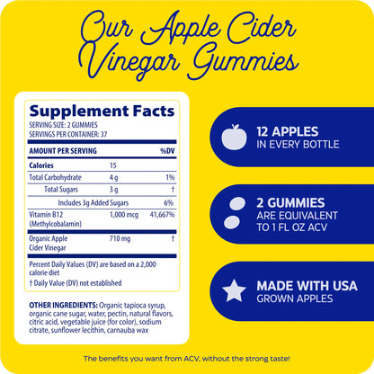 Supplement facts for Apple Cider Vinegar Gummies with a yellow background