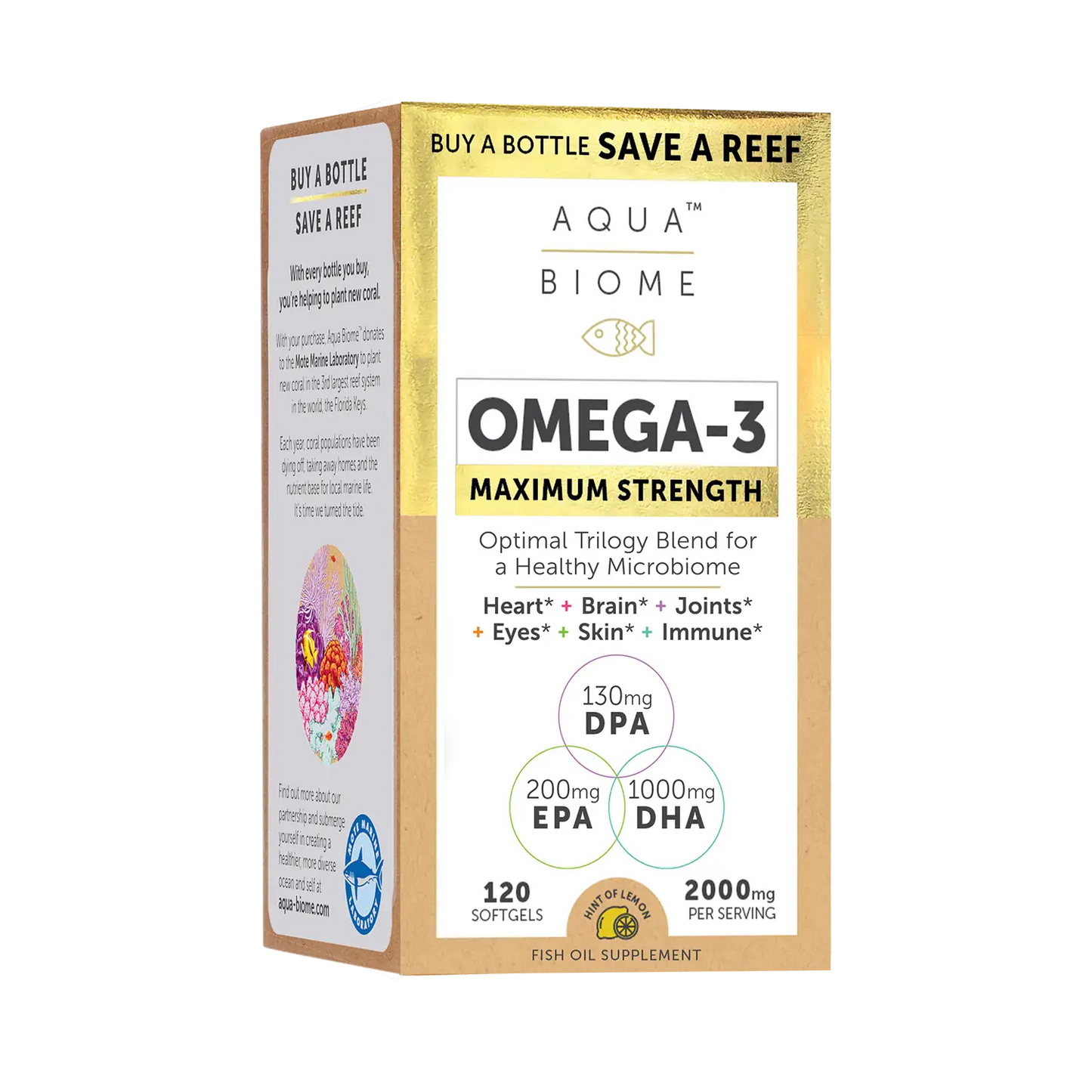 A blue bottle of Aqua Biome Omega-3 maximum strength fish oil supplements with a white label.
