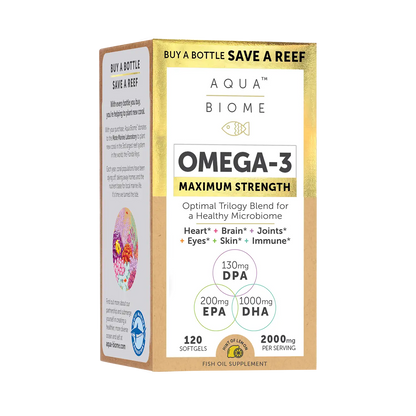 A blue bottle of Aqua Biome Omega-3 maximum strength fish oil supplements with a white label.