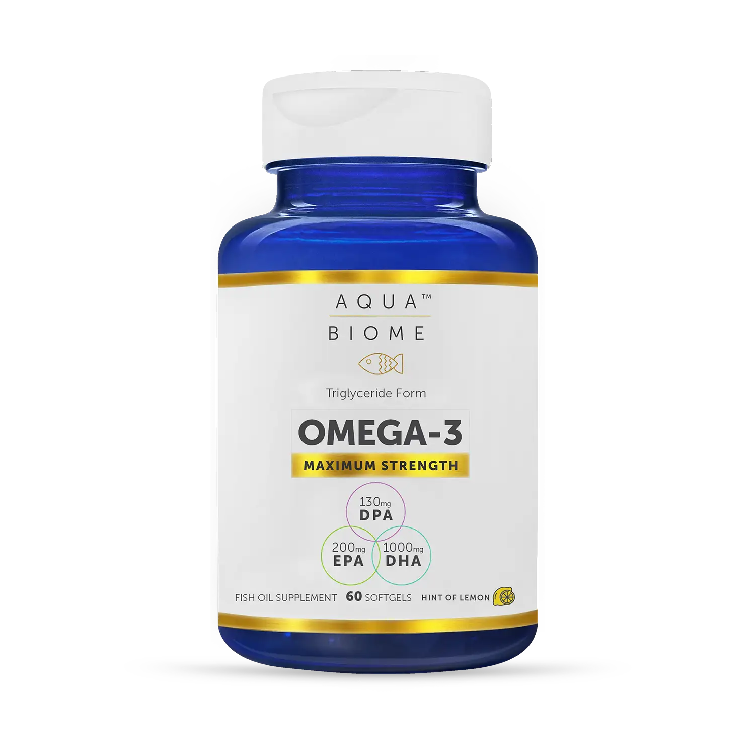 A blue bottle of Aqua Biome Omega-3 maximum strength fish oil supplements with a white label.