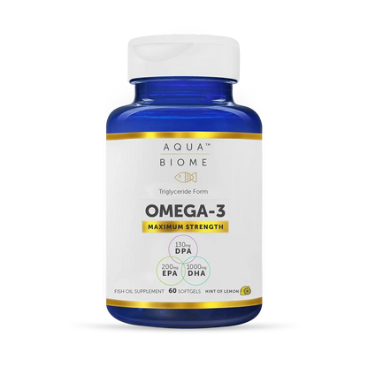 A blue bottle of Aqua Biome Omega-3 maximum strength fish oil supplements with a white label.