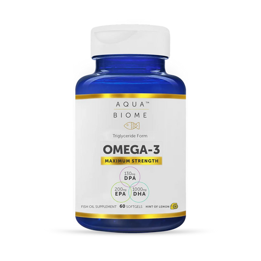 A blue bottle of Aqua Biome Omega-3 maximum strength fish oil supplements with a white label.
