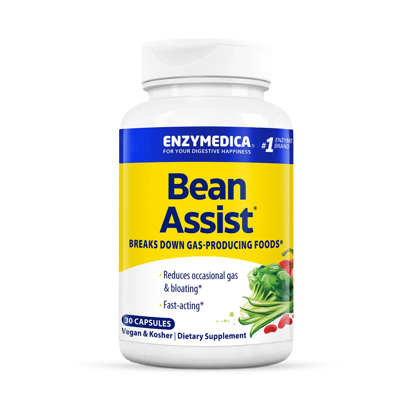 A bottle of Enzymedica Bean Assist dietary supplement with capsules inside, designed to break down gas-producing foods.
