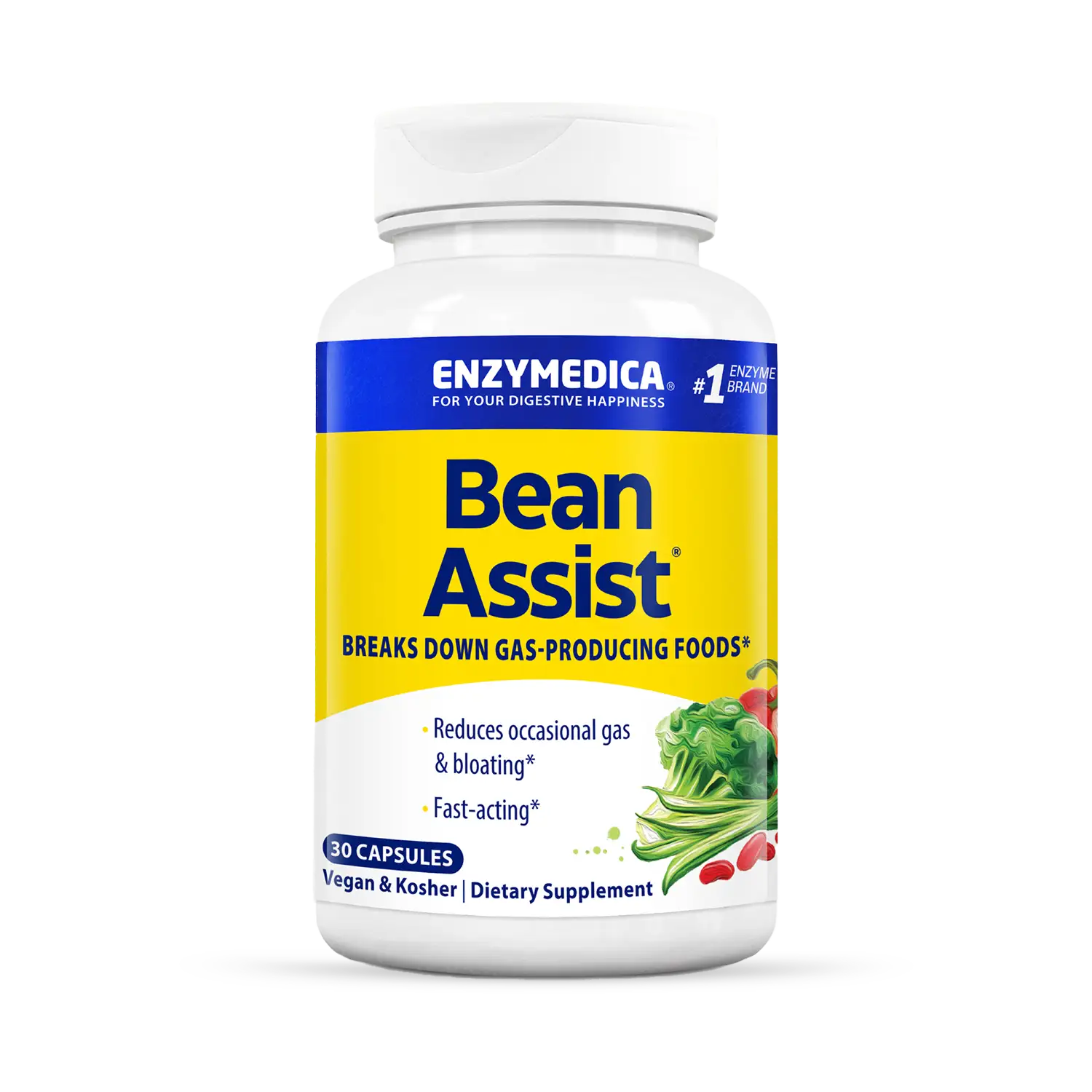 A bottle of Enzymedica Bean Assist dietary supplement with capsules inside, designed to break down gas-producing foods.
