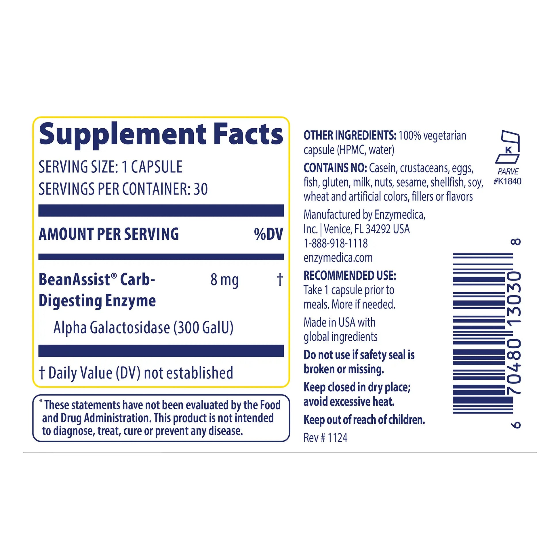 Supplement fact panel for Bean Assist