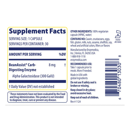 Supplement fact panel for Bean Assist