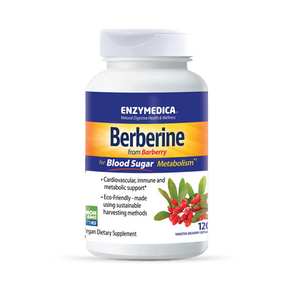A bottle of Enzymedica Berberine dietary supplement, with branding and information about the product displayed on the label.