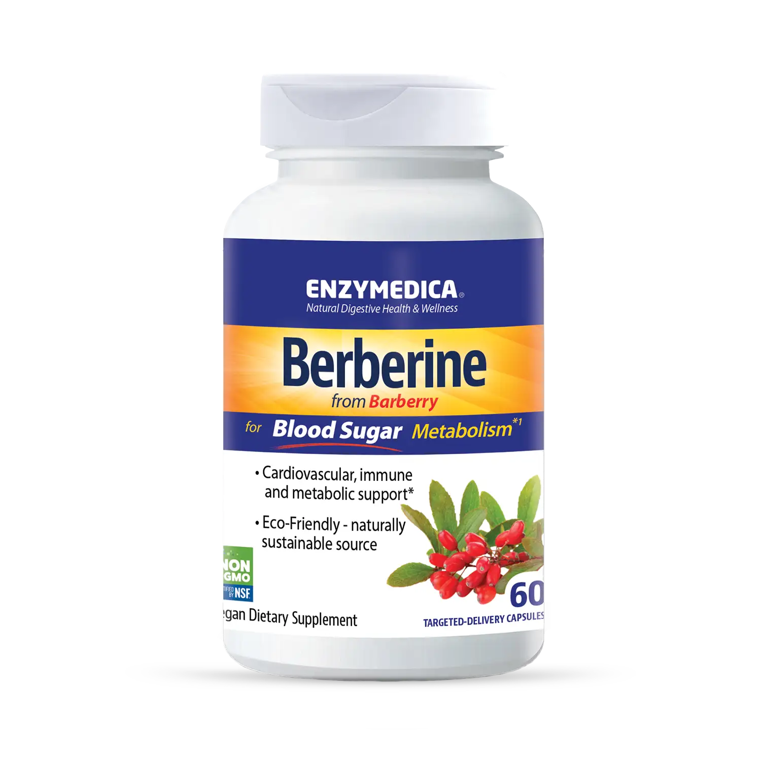 A bottle of Enzymedica Berberine dietary supplement, with branding and information about the product displayed on the label.