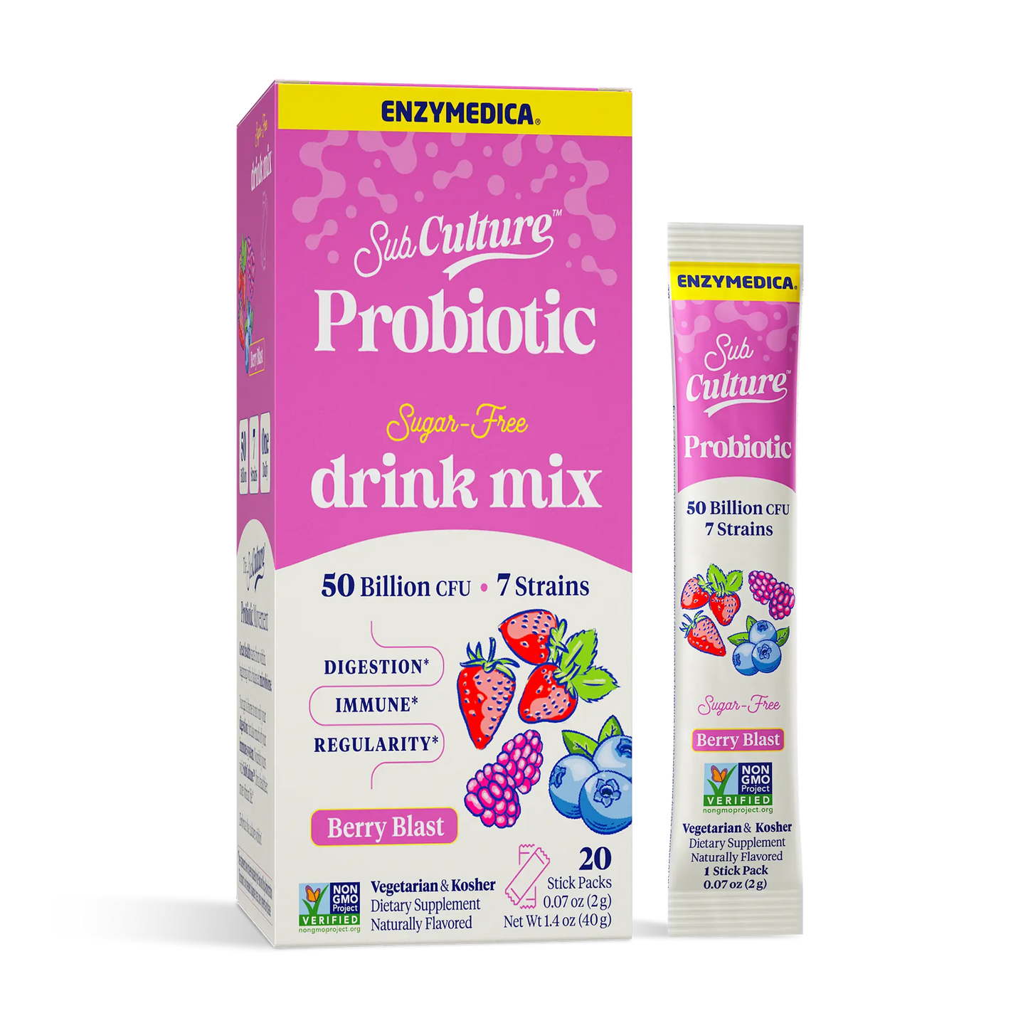 Enzymedica Sub Culture Probiotic drink mix packaging with a pink box and white stick pack on a white background.