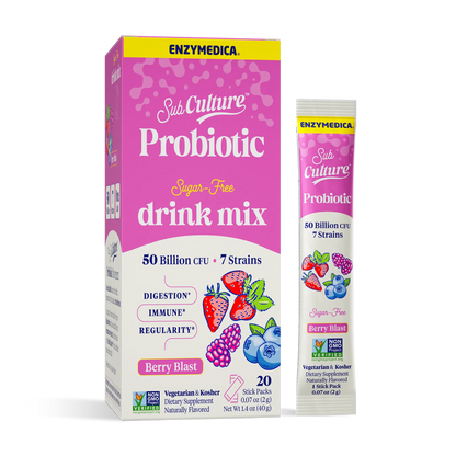 Enzymedica Sub Culture Probiotic drink mix packaging with a pink box and white stick pack on a white background.