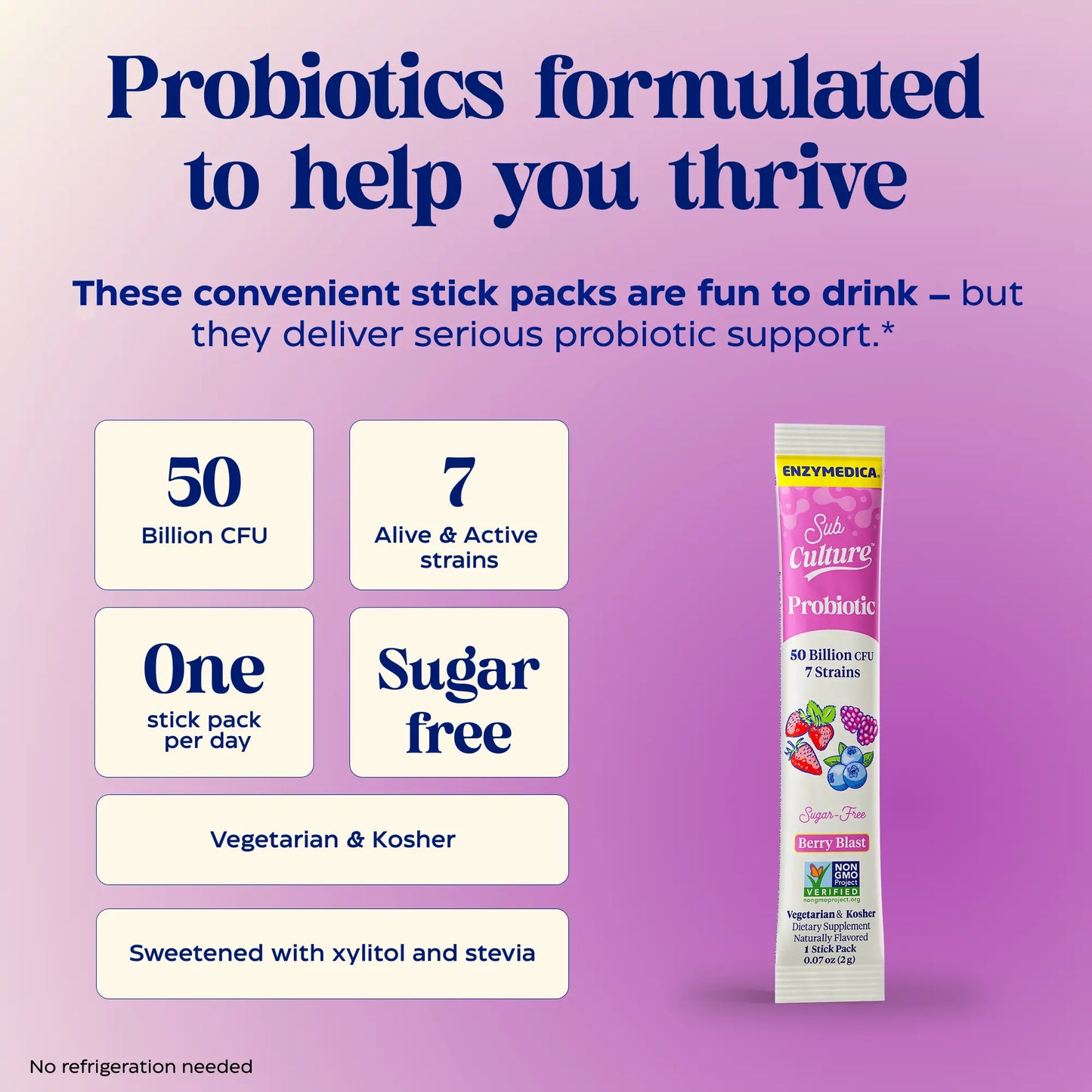 Probiotic stick pack with text highlighting benefits on a purple background