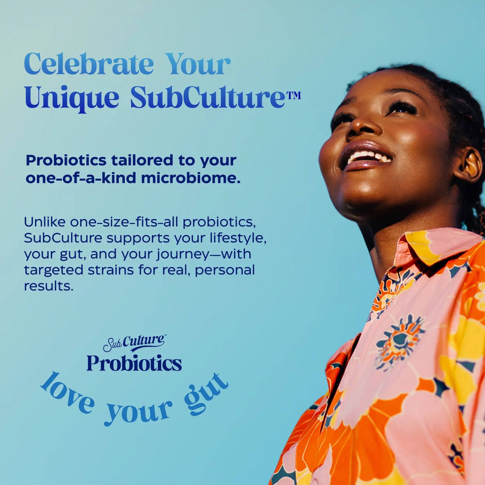 Advertisement for SubCulture Probiotics with a woman against a blue background