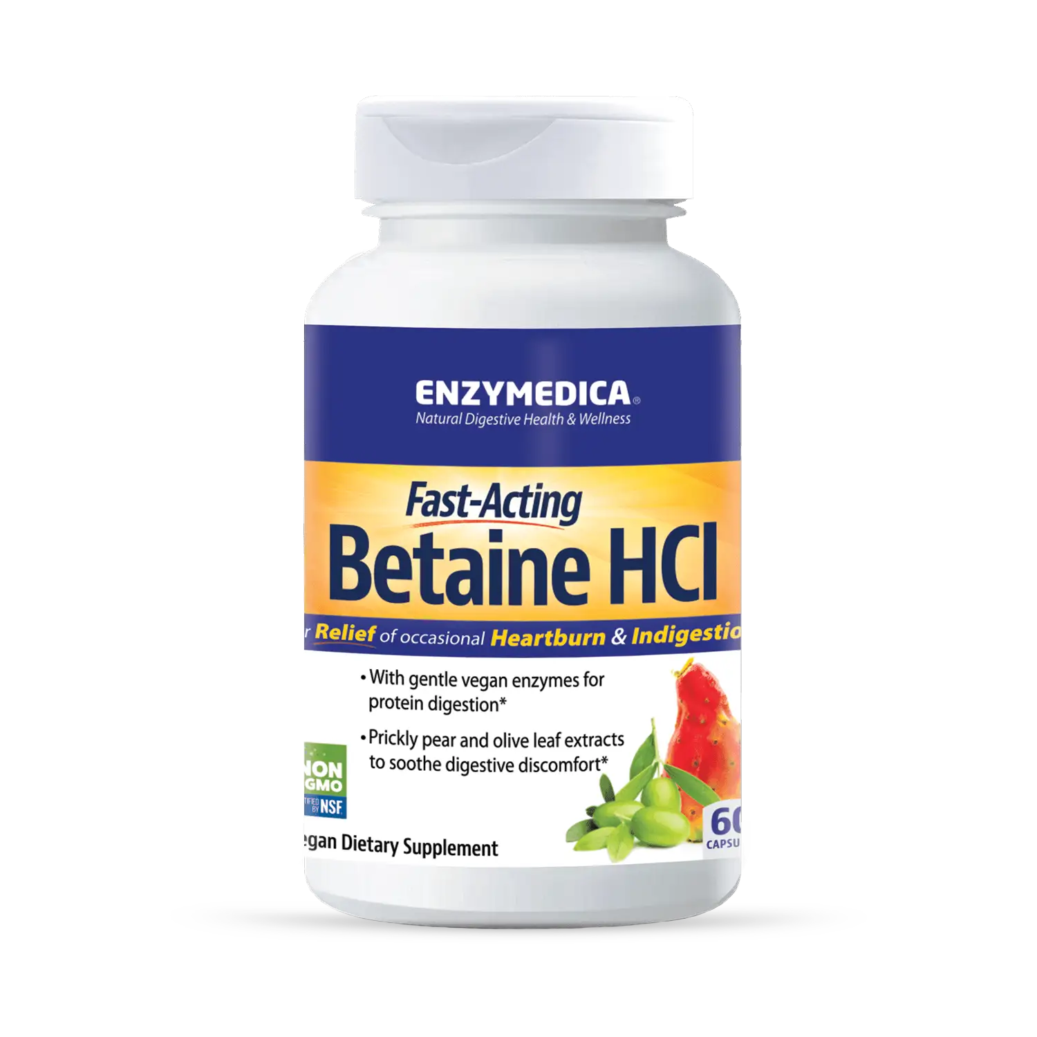 A bottle of Enzymedica Fast-Acting Betaine HCI dietary supplement, with a label showing the brand name, product name, and additional product information.