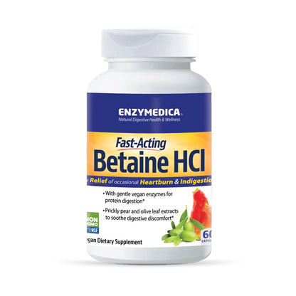 A bottle of Enzymedica Fast-Acting Betaine HCI dietary supplement, with a label showing the brand name, product name, and additional product information.
