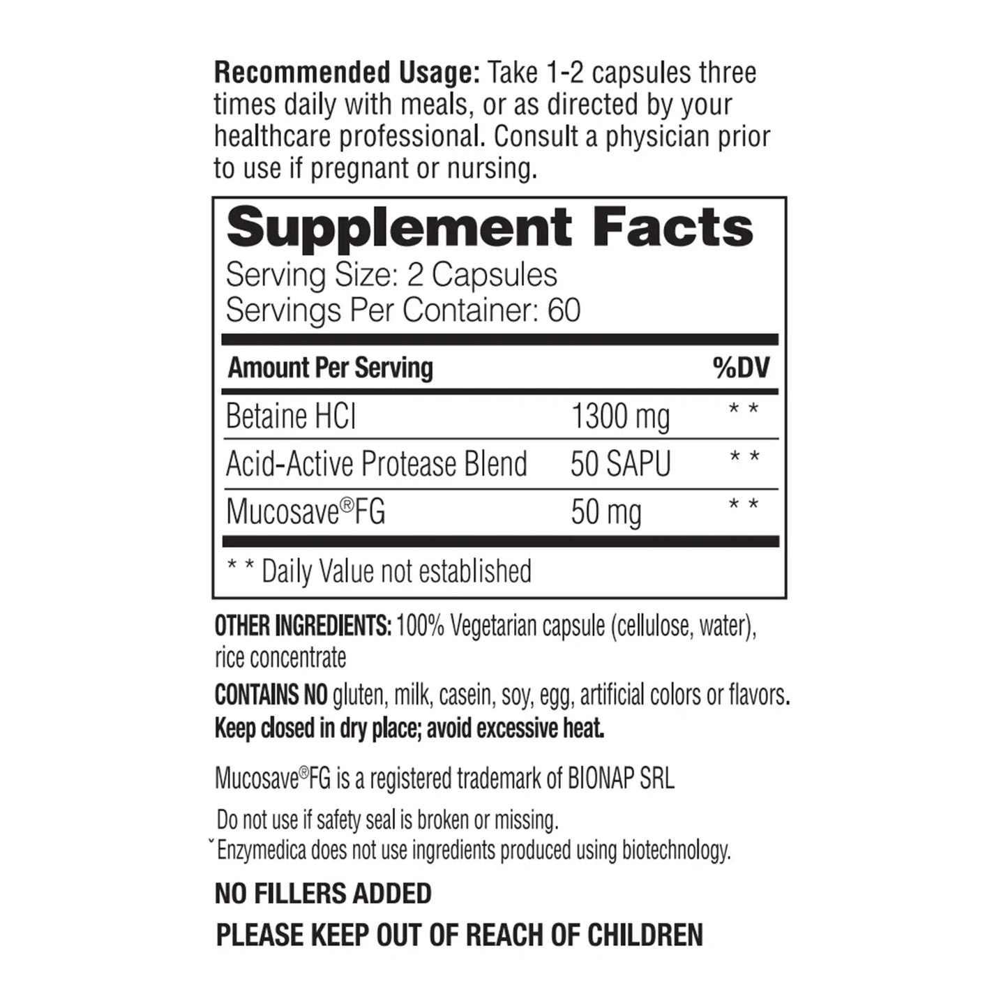 supplement facts panel for Betaine HCI