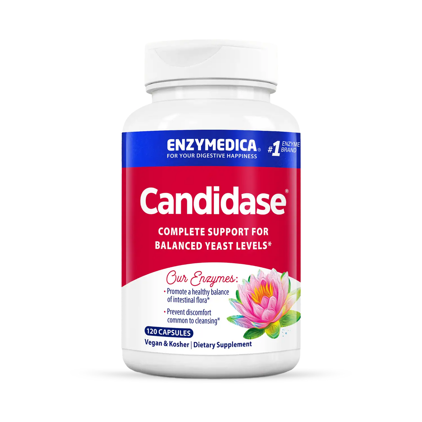 A bottle of Enzymedica Candidase dietary supplement with 60 capsules, labeled for balanced yeast levels.