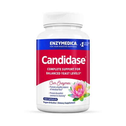 A bottle of Enzymedica Candidase dietary supplement with 60 capsules, labeled for balanced yeast levels.