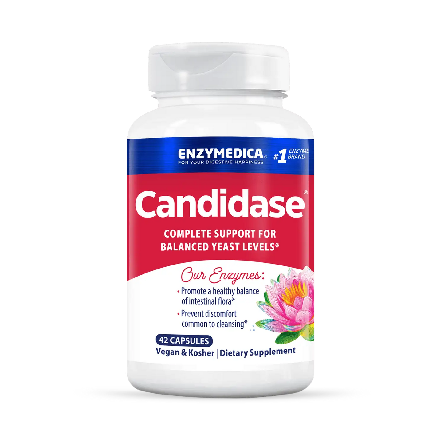A bottle of Enzymedica Candidase dietary supplement with 60 capsules, labeled for balanced yeast levels.