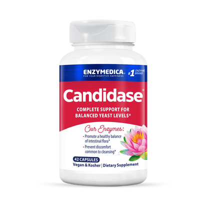 A bottle of Enzymedica Candidase dietary supplement with 60 capsules, labeled for balanced yeast levels.