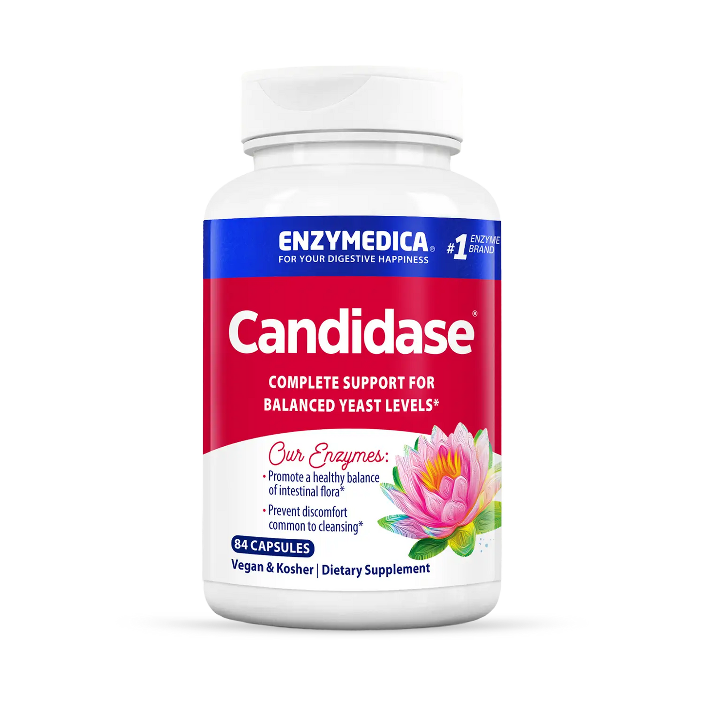 A bottle of Enzymedica Candidase dietary supplement with 60 capsules, labeled for balanced yeast levels.