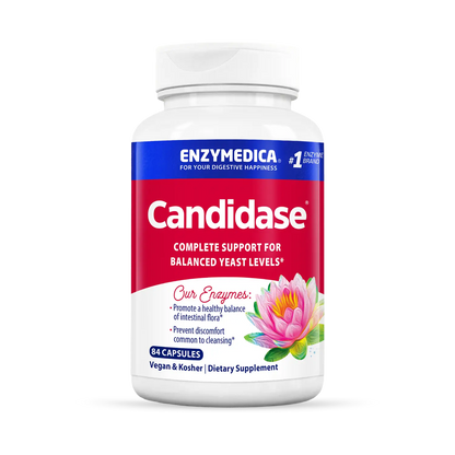 A bottle of Enzymedica Candidase dietary supplement with 60 capsules, labeled for balanced yeast levels.