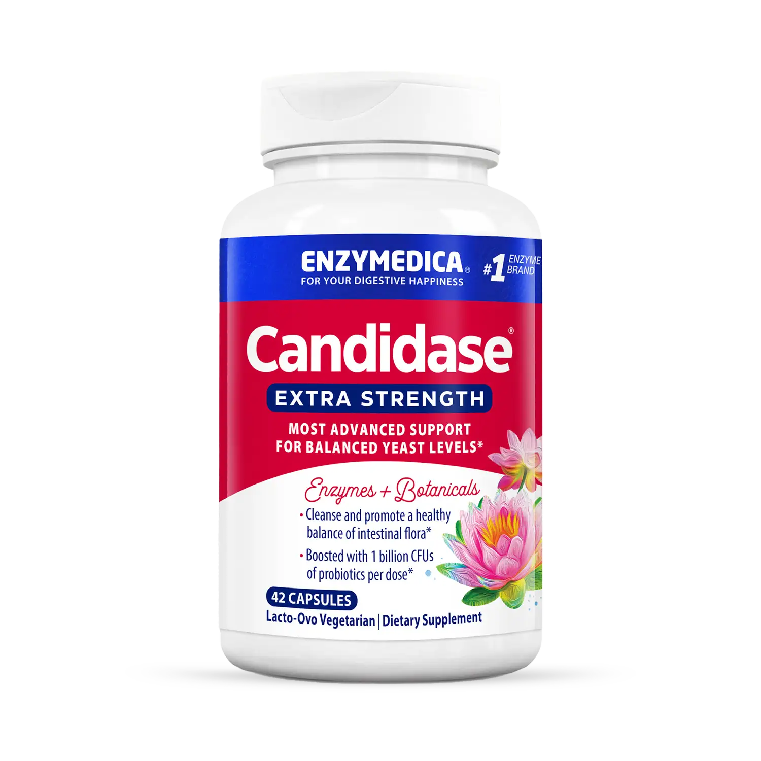 A bottle of Candididase Extra Strength dietary supplement by Enzymedica.