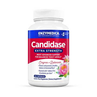 A bottle of Candididase Extra Strength dietary supplement by Enzymedica.