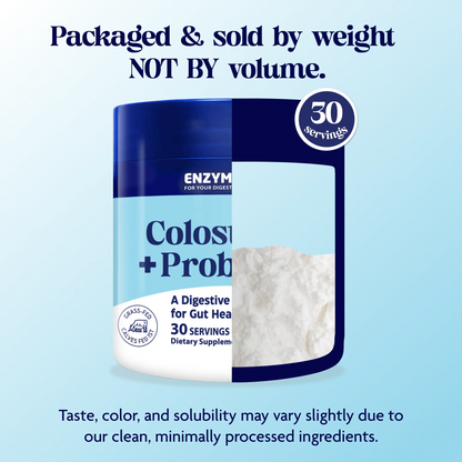 Infographic for Colostrum + Probiotics, container with blue background "Packaged and sold by weight NOT BY volume"