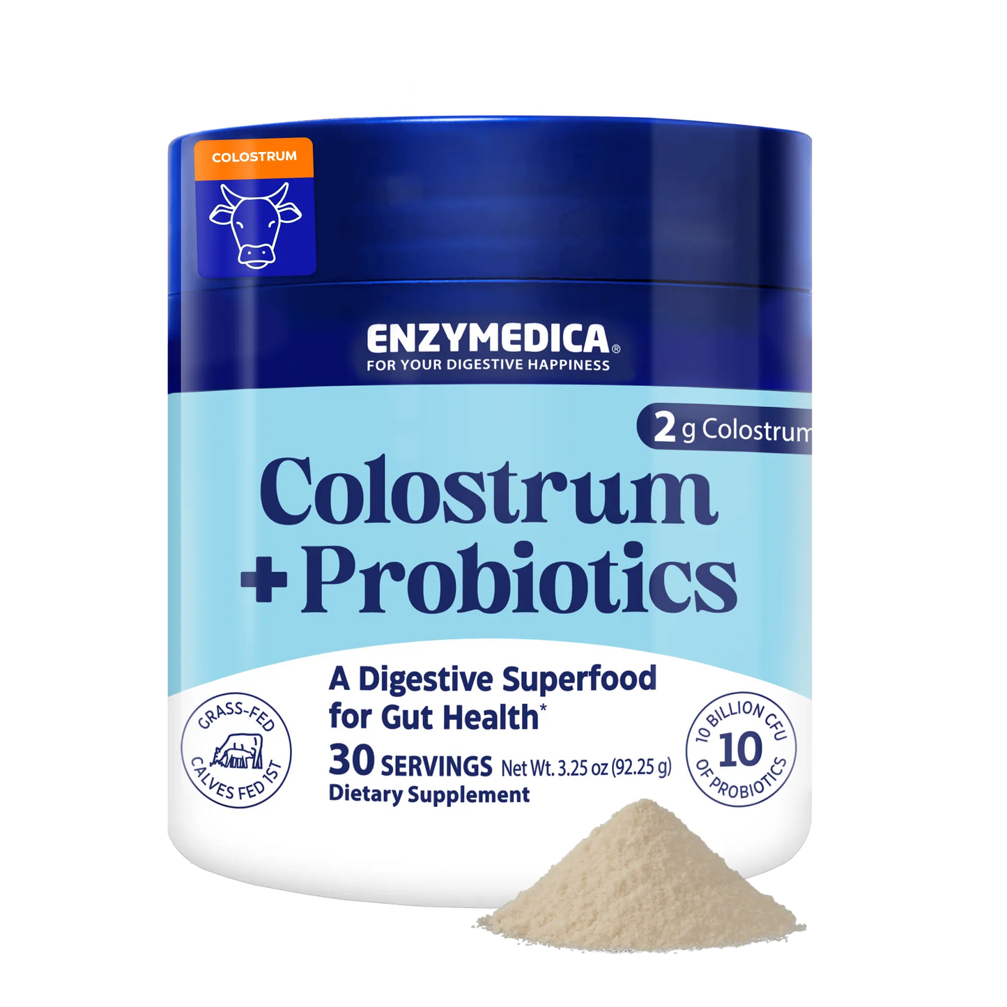 Enzymedica Colostrum + Probiotics supplement container with powder on a white background