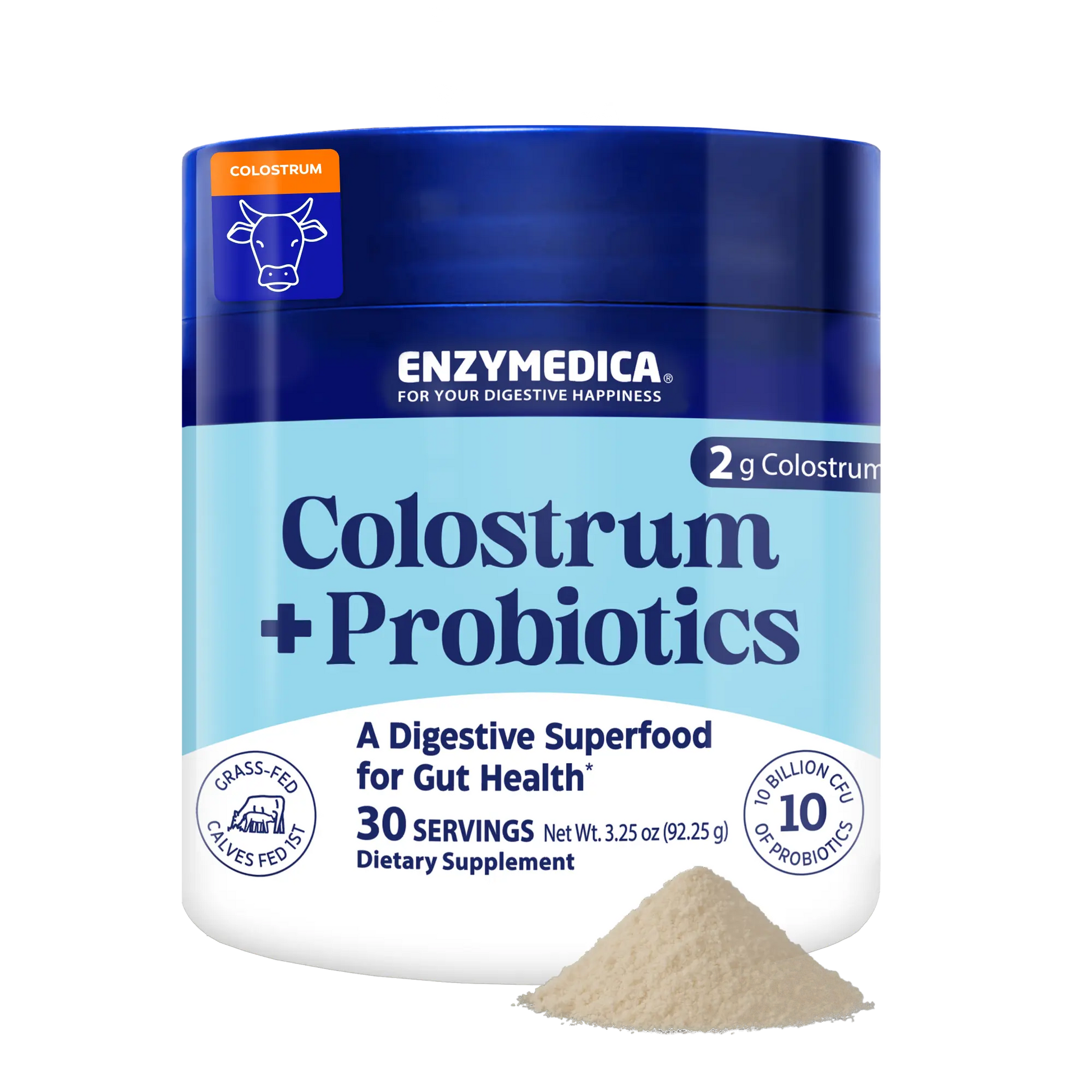 Enzymedica Colostrum + Probiotics supplement container with powder on a white background