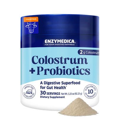 Enzymedica Colostrum + Probiotics supplement container with powder on a white background