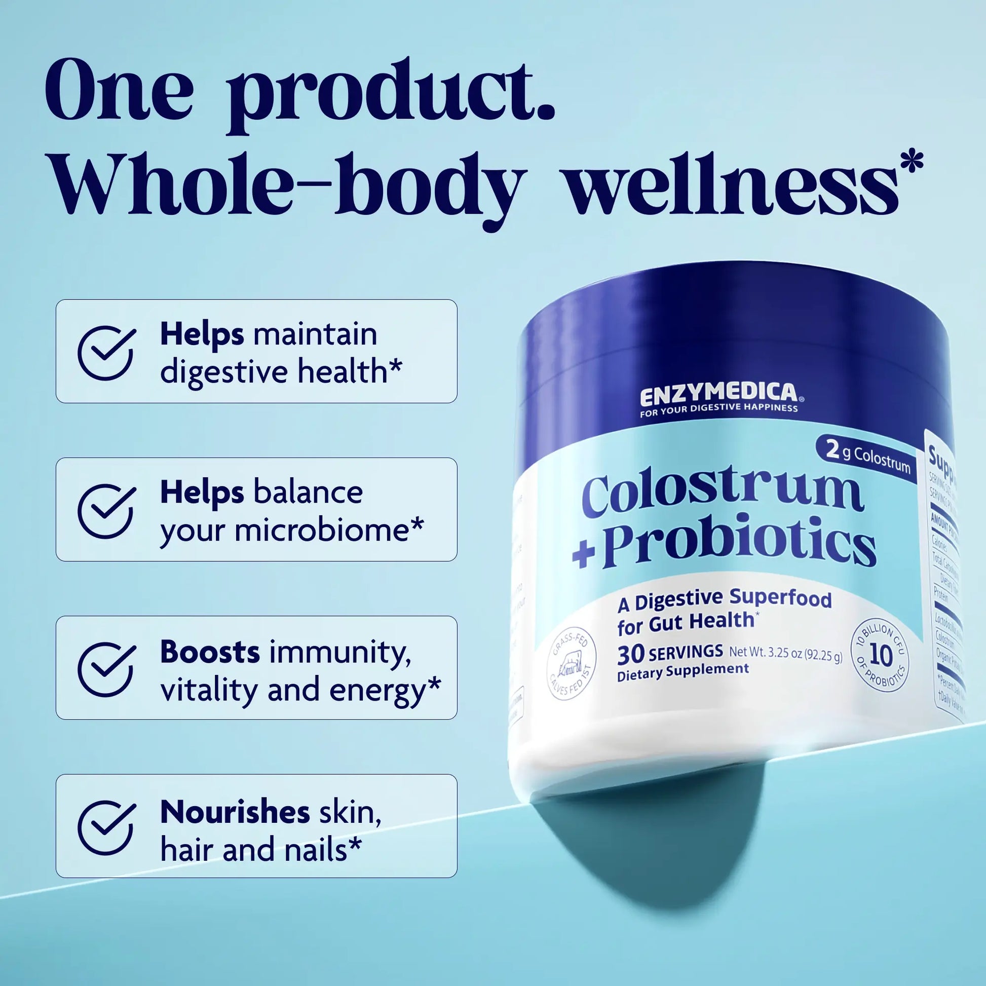 Enzymedica Colostrum + Probiotics supplement jar with text on a light blue background