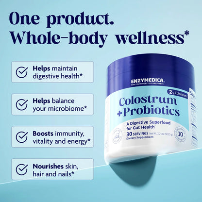 Enzymedica Colostrum + Probiotics supplement jar with text on a light blue background