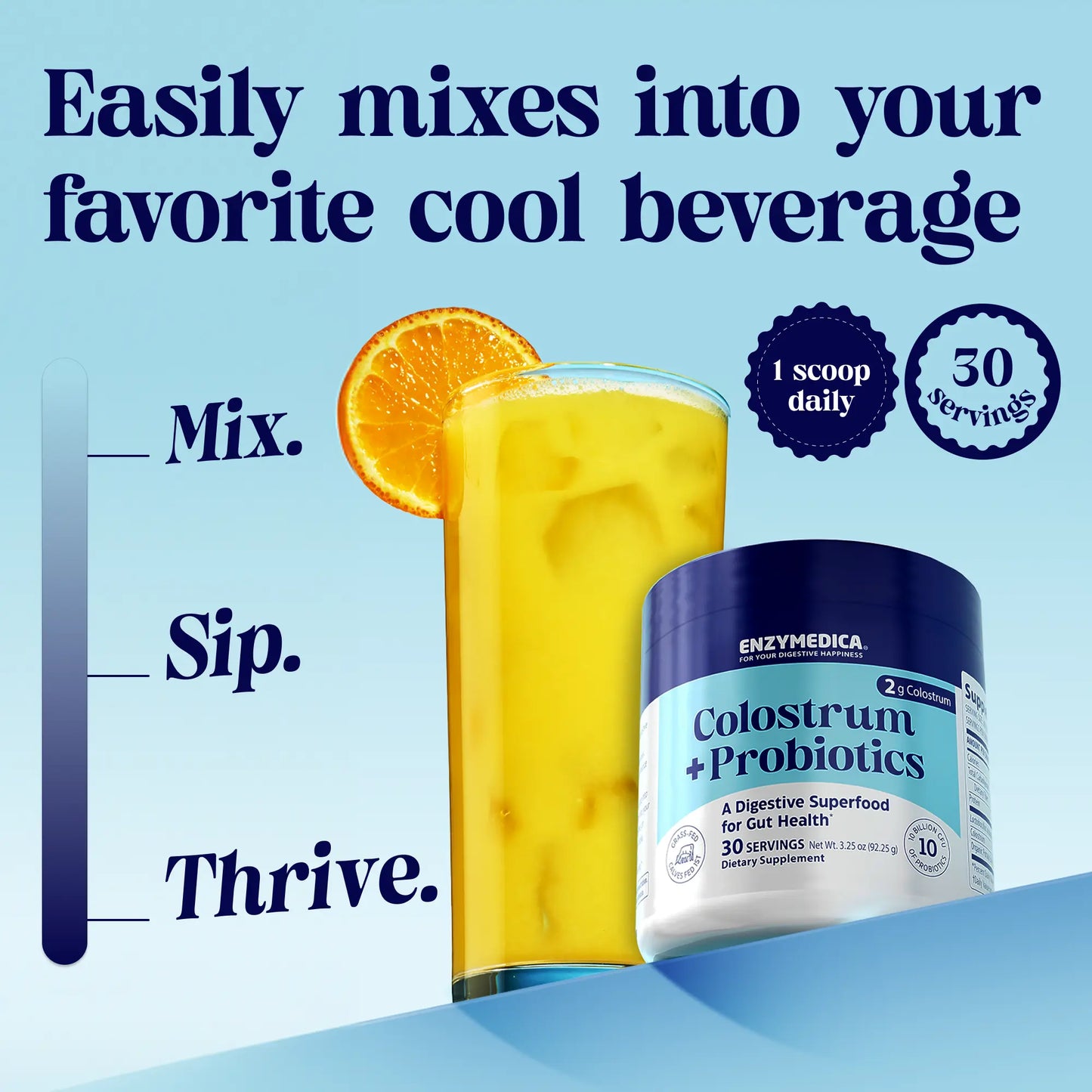 Enzymedica Colostrum + Probiotics container with a glass of orange juice on a blue background