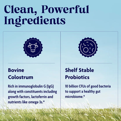 Product label highlighting bovine colostrum and shelf stable probiotics with icons and text on a blue background.