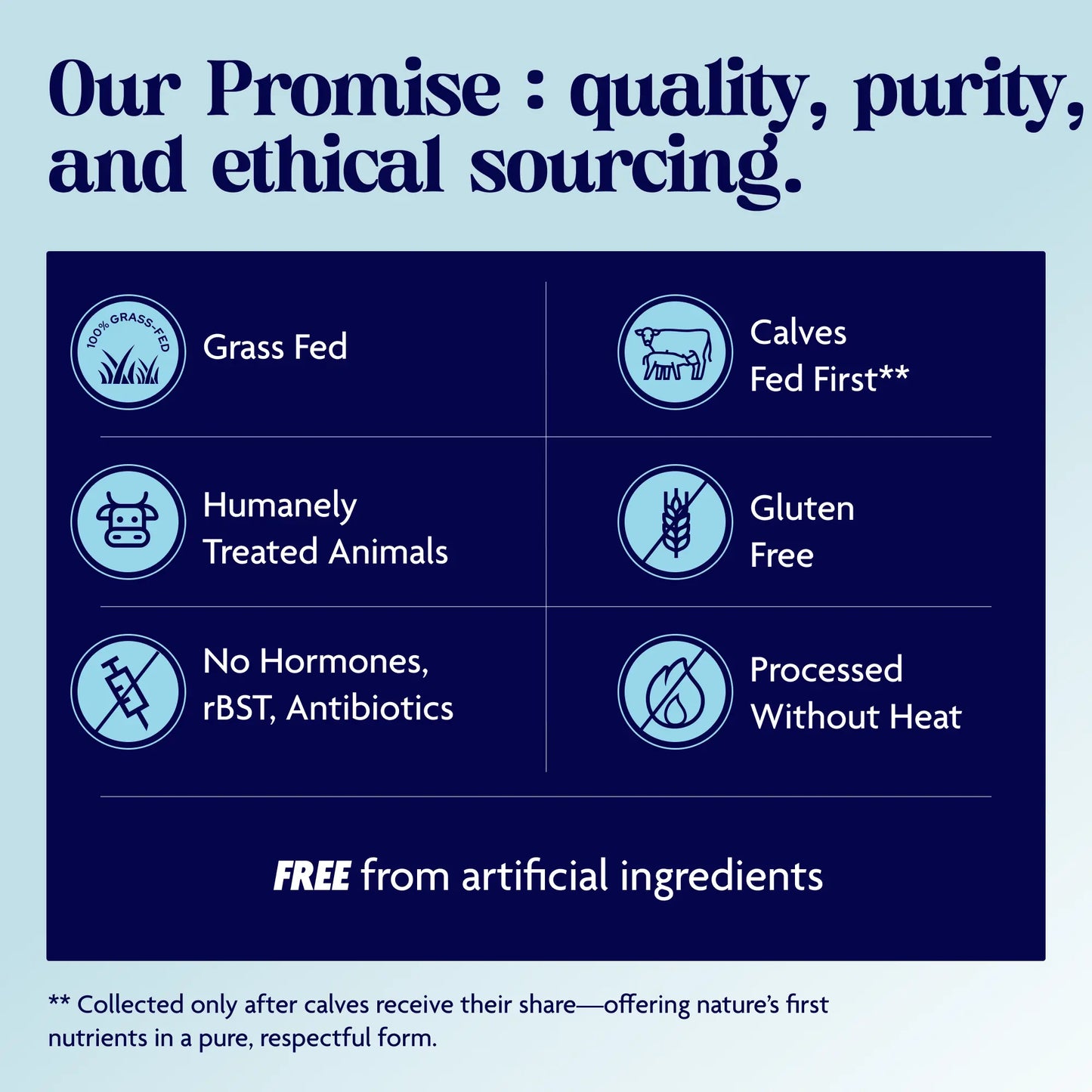 Promotional graphic highlighting quality, purity, and ethical sourcing standards on a blue background.