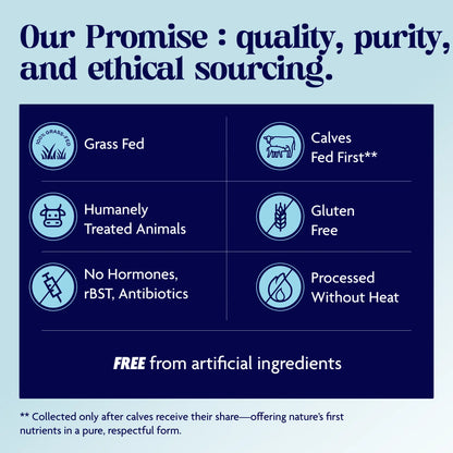 Promotional graphic highlighting quality, purity, and ethical sourcing standards on a blue background.