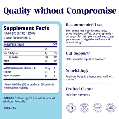 Supplement label with facts and benefits on a blue background for colostrum + probiotics