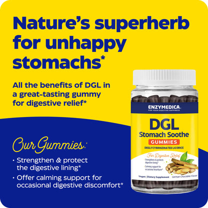advertisement for dgl gummies, nature's superherb for unhappy stomachs