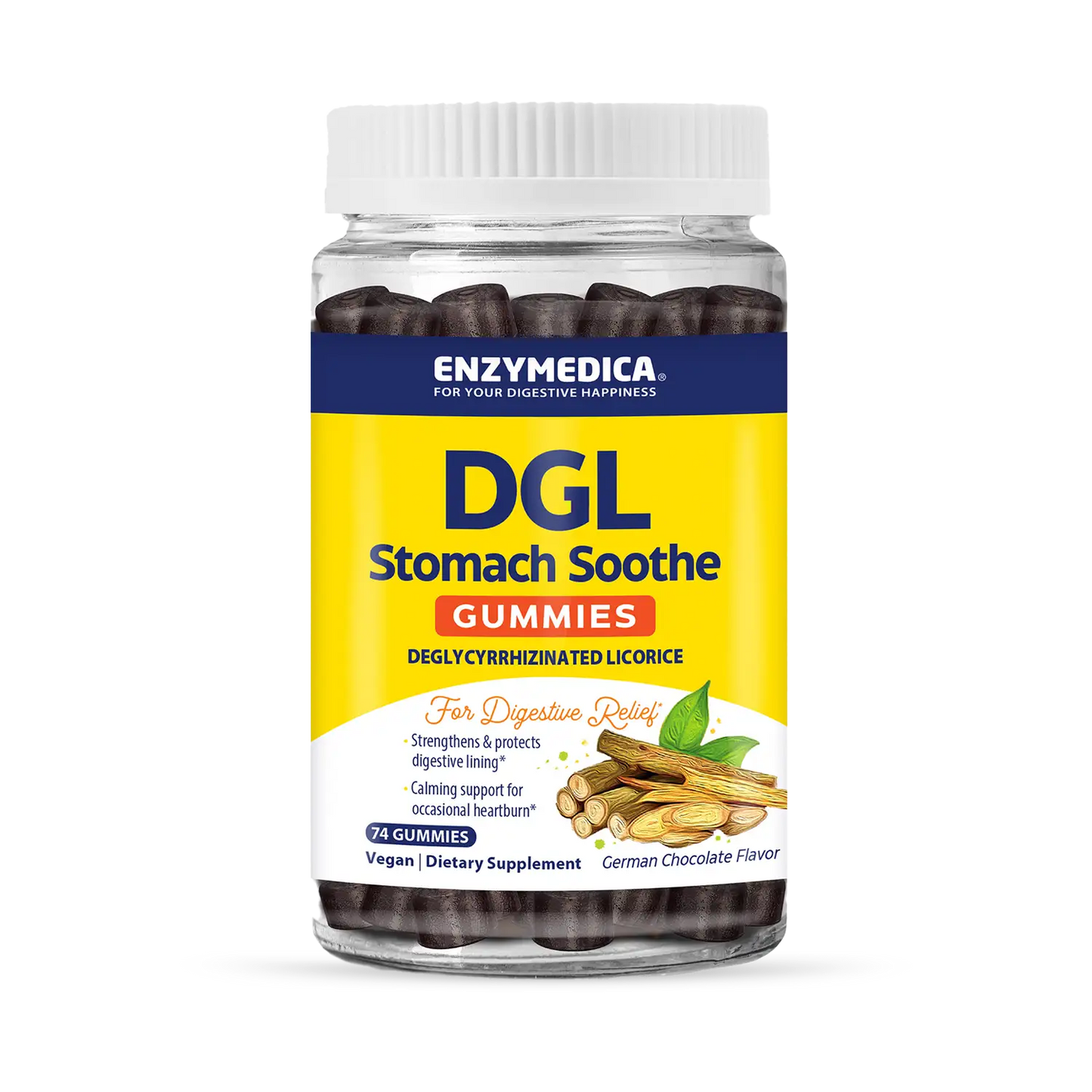 A bottle of Enzymedica DGL Stomach Soothe Gummies in German Chocolate flavor, with 60 chewable tablets.