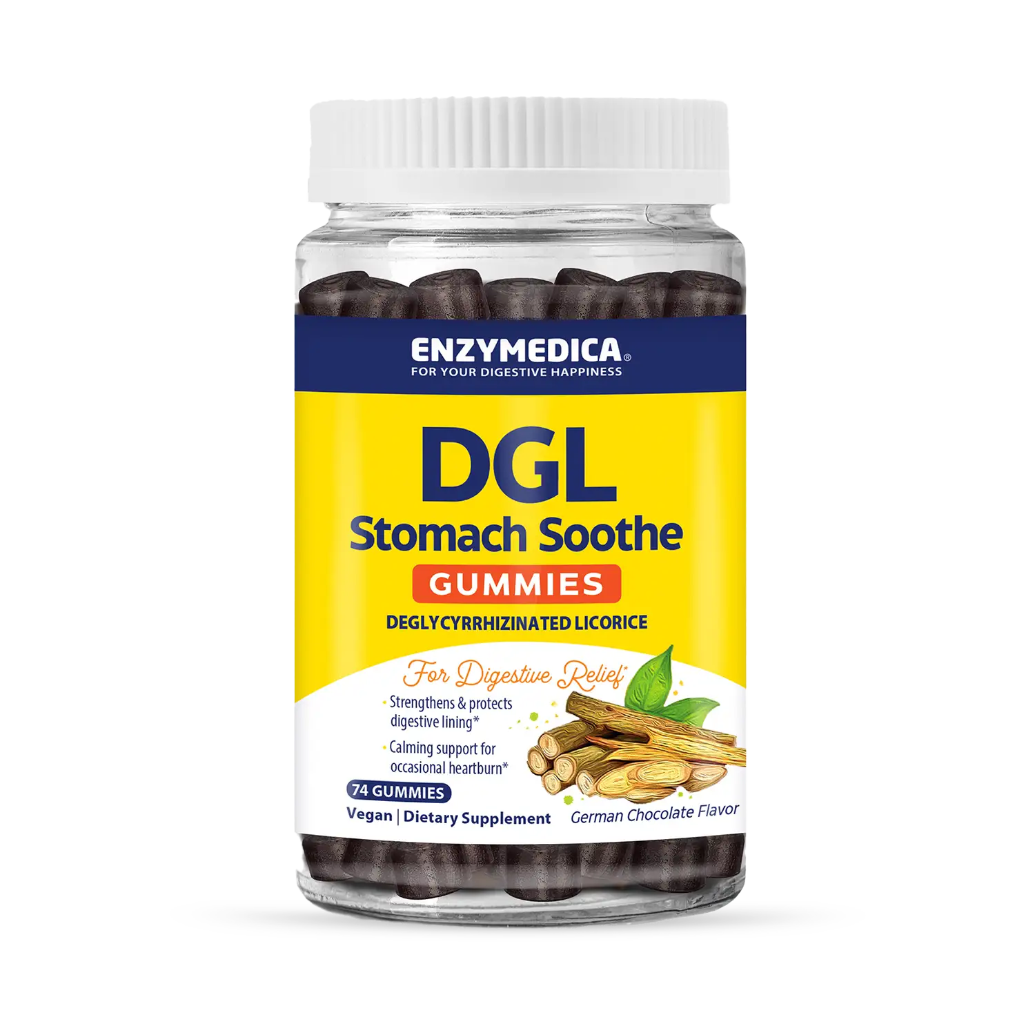 A bottle of Enzymedica DGL Stomach Soothe Gummies in German Chocolate flavor, with 60 chewable tablets.