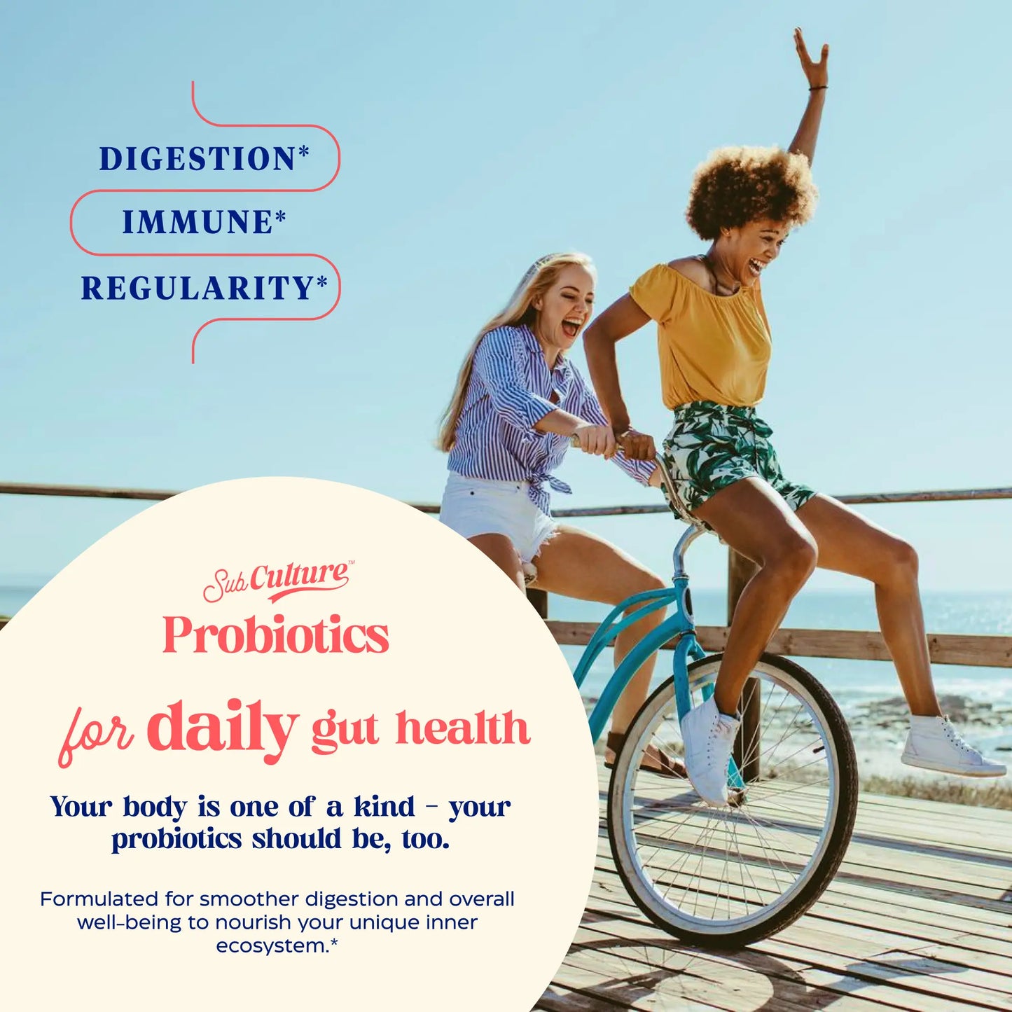 Two people riding a bicycle on a wooden deck with text about Probiotics for daily gut health.