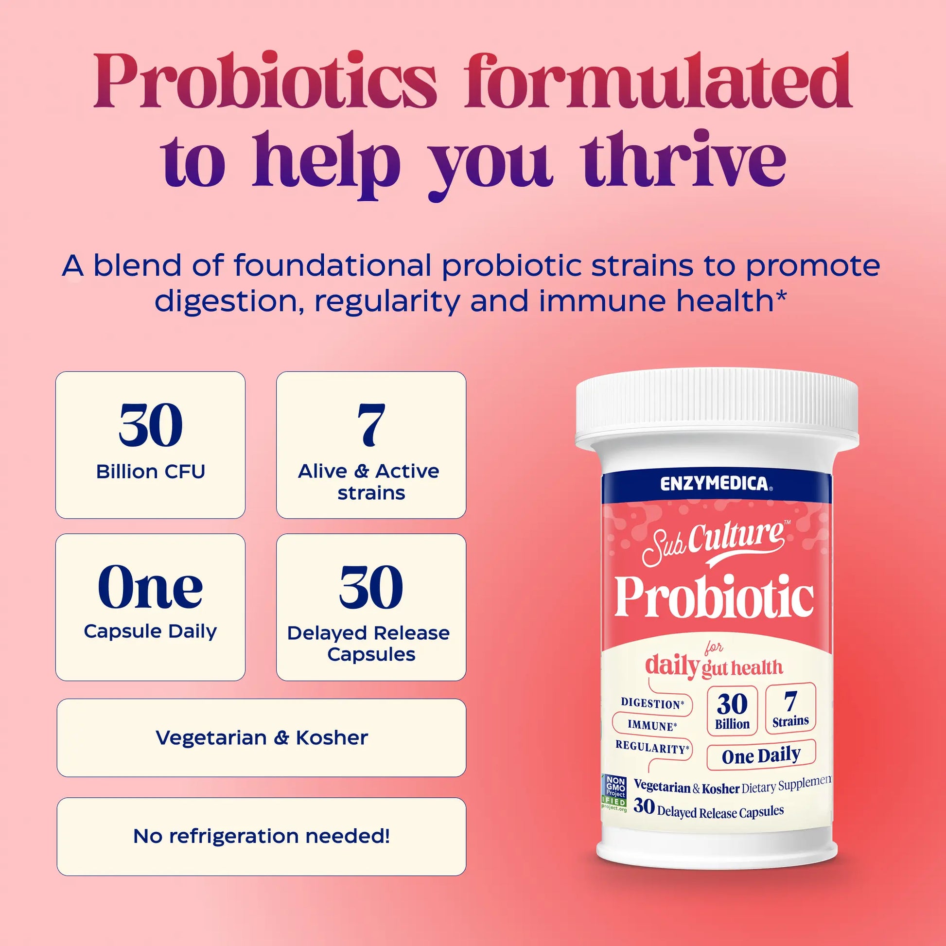 Probiotic supplement container with text on a pink background