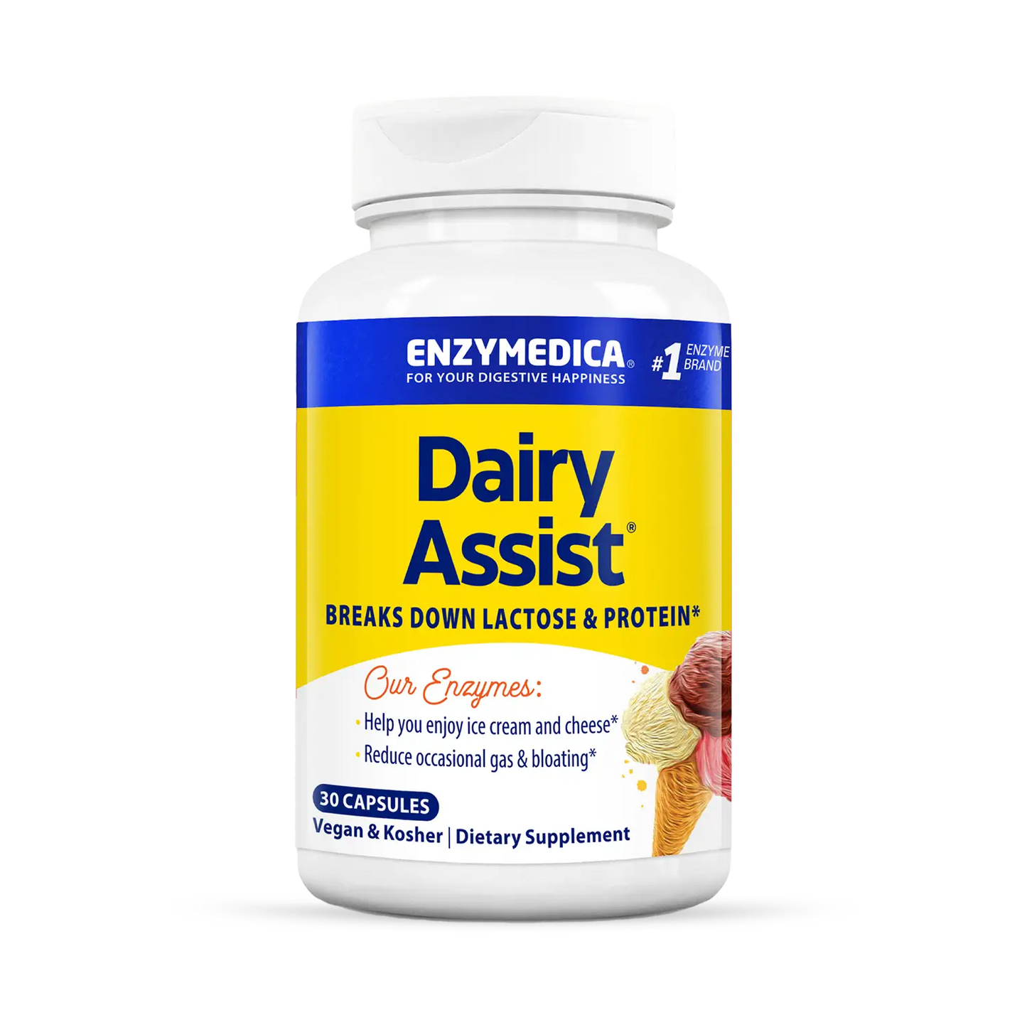 A bottle of Enzymedica Dairy Assist dietary supplement, which is designed to break down lactose and protein from dairy products.