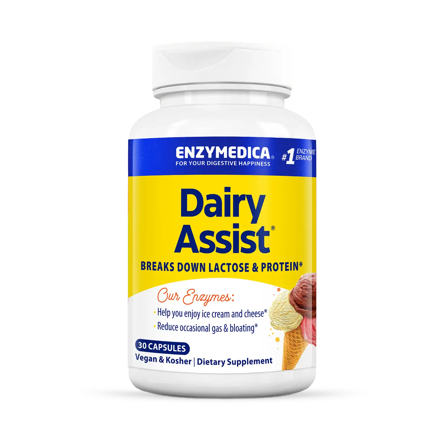 A bottle of Enzymedica Dairy Assist dietary supplement, which is designed to break down lactose and protein from dairy products.