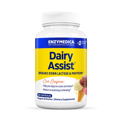 A bottle of Enzymedica Dairy Assist dietary supplement, which is designed to break down lactose and protein from dairy products.